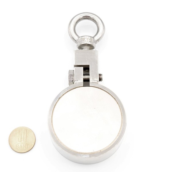 Magnet neodim oală D 75 mm cu două fețe x 200 kg - magnet fishing STRONG - cu moneda de 50 bani