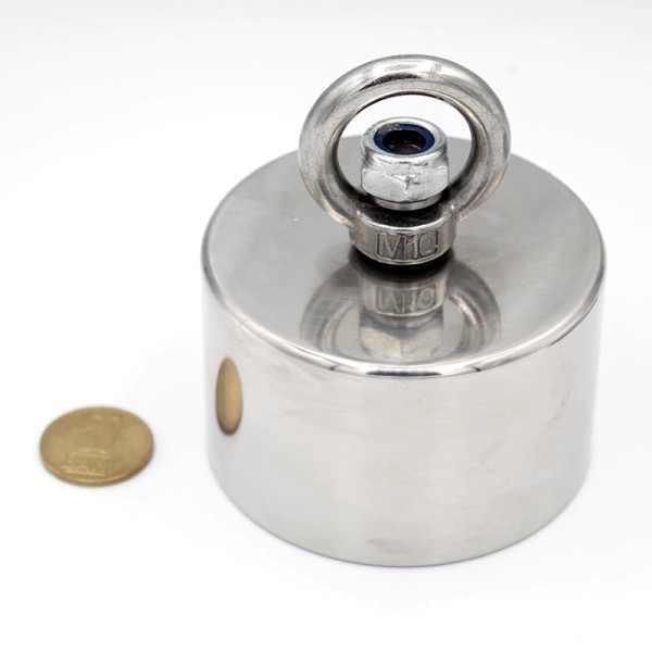 Magnet fishing 360° D 80 x H 50 mm - forță 640/160 kg cu moneda de 50 bani