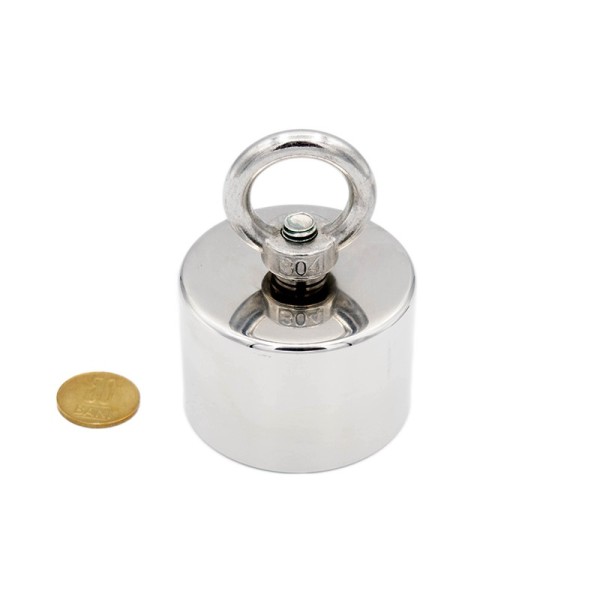 Неодимов магнит за риболов 360° Ø65 x В45 мм - сила 440/110 кг с монета 50 стотинки