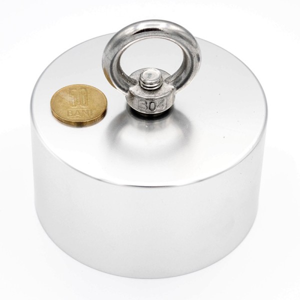 Magnet fishing 360° D 100 x H 55 mm - forță 880/220 kg cu moneda de 50 bani deasupra