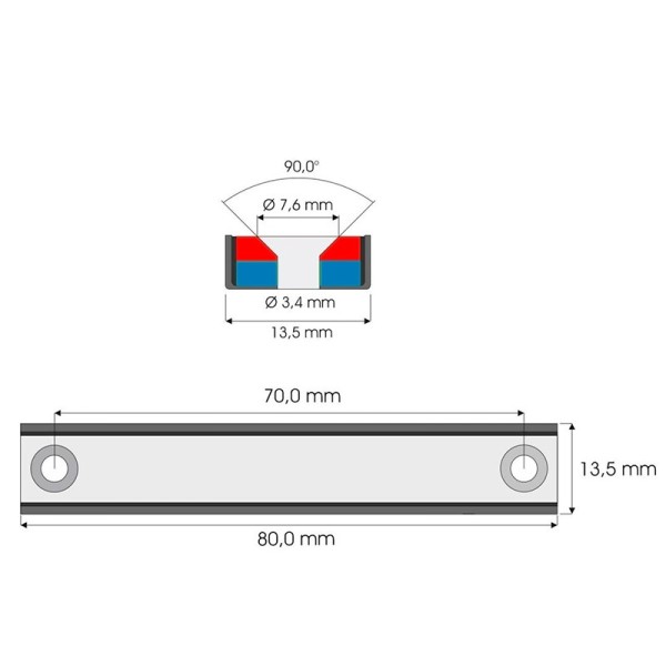 Magnet neodim bloc 80 x 13,5 x 5 mm, în carcasă, cu 2 găuri D 3,3 și șanfren D 6,5 - schema