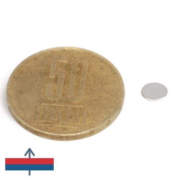 Неодимов магнит диск 5 x 0,5 мм N52 с намагнитване и монета 50 стотинки