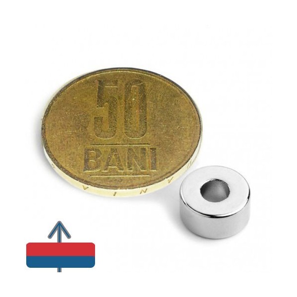 Magnet neodim inel 10 x 04 x 05 mm cu magnetizare și moneda de 50 bani