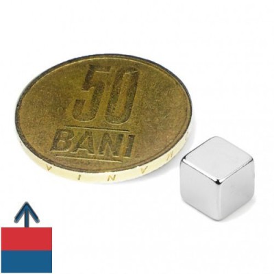 Magnet neodim cub 8 mm cu magnetizare și moneda de 50 bani