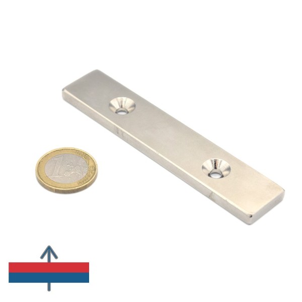 Magnet neodim bloc 100 x 20 x 5 mm cu găuri îngropate D4,5 / D9,46 - cu moneda de un euro și magnetizare