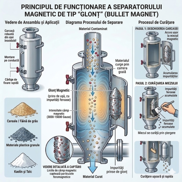 Separator magnetic tub cu glonț (bullet) pentru conducte, D 198 mm, H 760 mm mod de funcționare