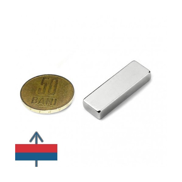 Magnet neodim bloc 30 x 10 x 05 mm cu moneda de 50 bani și magnetizare