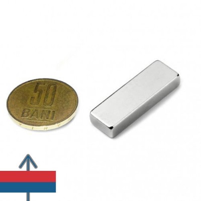 Magnet neodim bloc 30 x 10 x 05 mm cu moneda de 50 bani și magnetizare