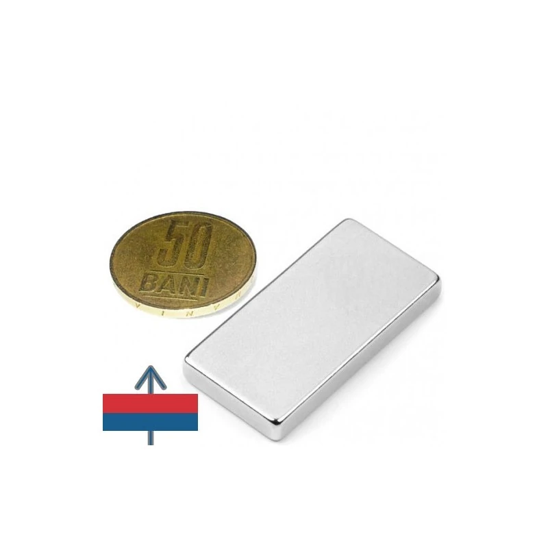 Magnet neodim bloc 40 x 20 x 05 mm cu magnetizare și moneda de 50 bani
