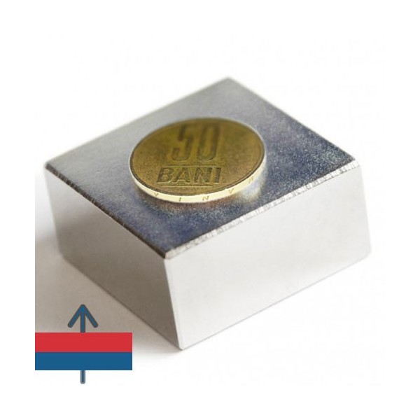 Magnet neodim bloc 40 x 40 x 20 mm cu moneda de 50 bani