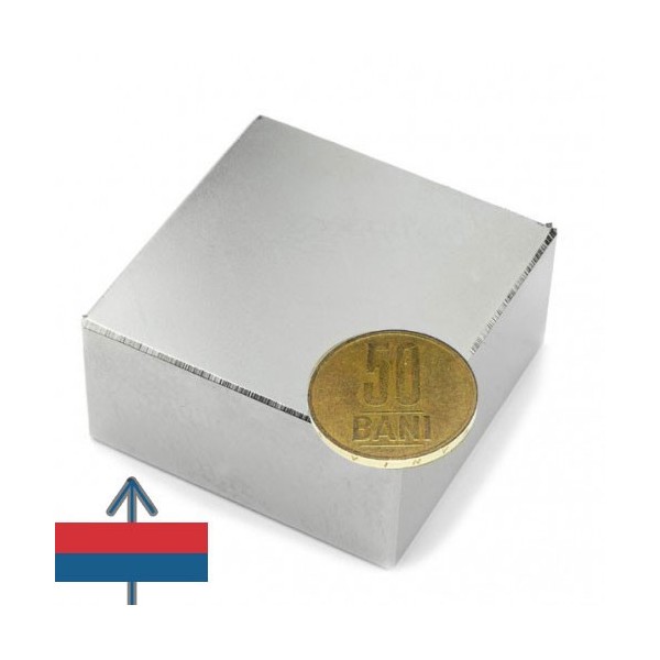 Magnet neodim bloc 50 x 50 x 25 mm  cu magnetizare și moneda de 50 bani