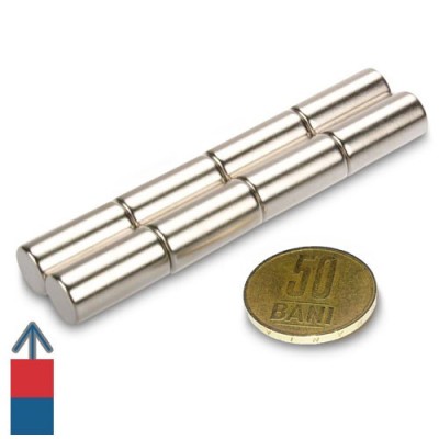 Grup de magneți neodim cilindru 10  x 20 mm cu magnetizare și moneda de 50 bani